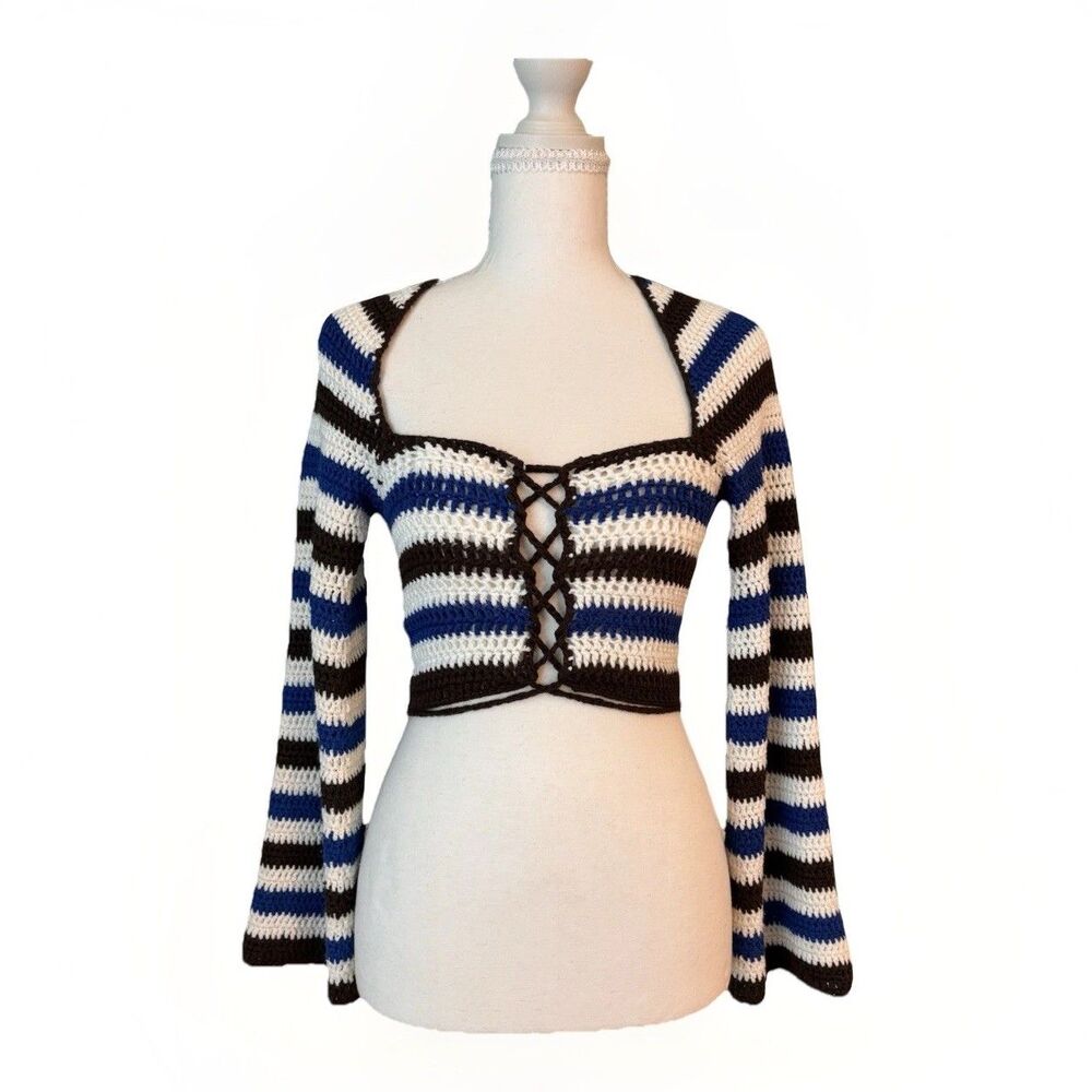 Y2K Blue Brown Crochet Lace Up Crop Top Bell Sleeve Open Back Festival Boho M